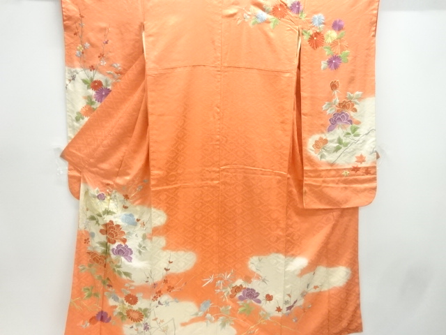 JAPANESE KIMONO / ANTIQUE FURISODE / SILK / EMBROIDERY / FLORAL PLANTS
